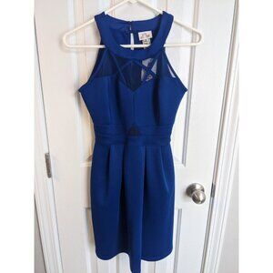 Royal blue satin mesh cut out dress halter high neck bridal wedding formal